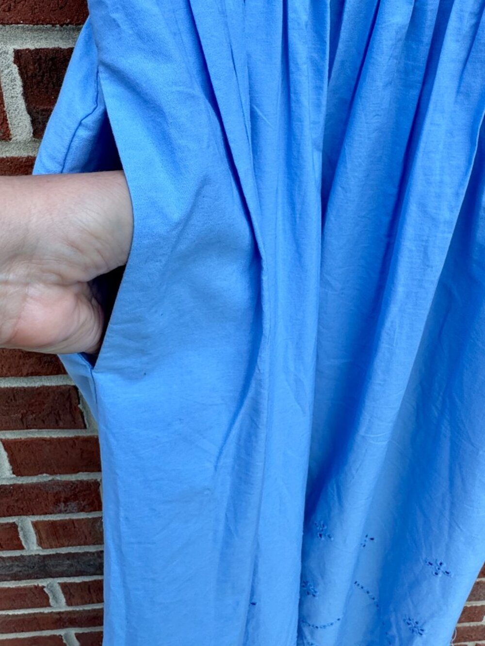 Calypso St. Barth Blue Cotton Eyelet Midi Dress Sz 6 Strappy Sleeves Pockets - Picture 6 of 14